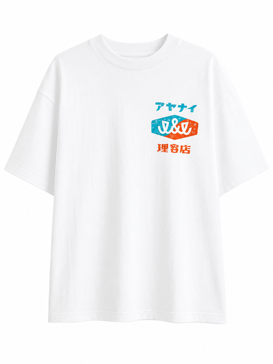 アヤナイ理容店 オレンジ×水色ロゴTシャツ