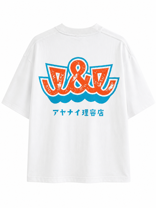アヤナイ理容店 オレンジ×水色ロゴTシャツ